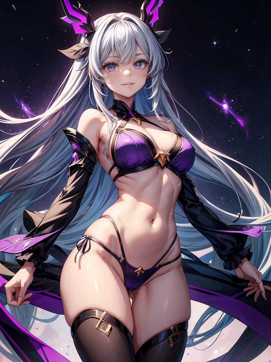 1girl, long hair, midriff, glowing effects, purple eyes, light and shadow, dark, masterpiece, best quality, very aesthetic, wide hips, absurdres, newest, ai-generated, smile, anime style, well endowed body, firefly \(honkai: star rail\), bikini, silver hair, caught undressing