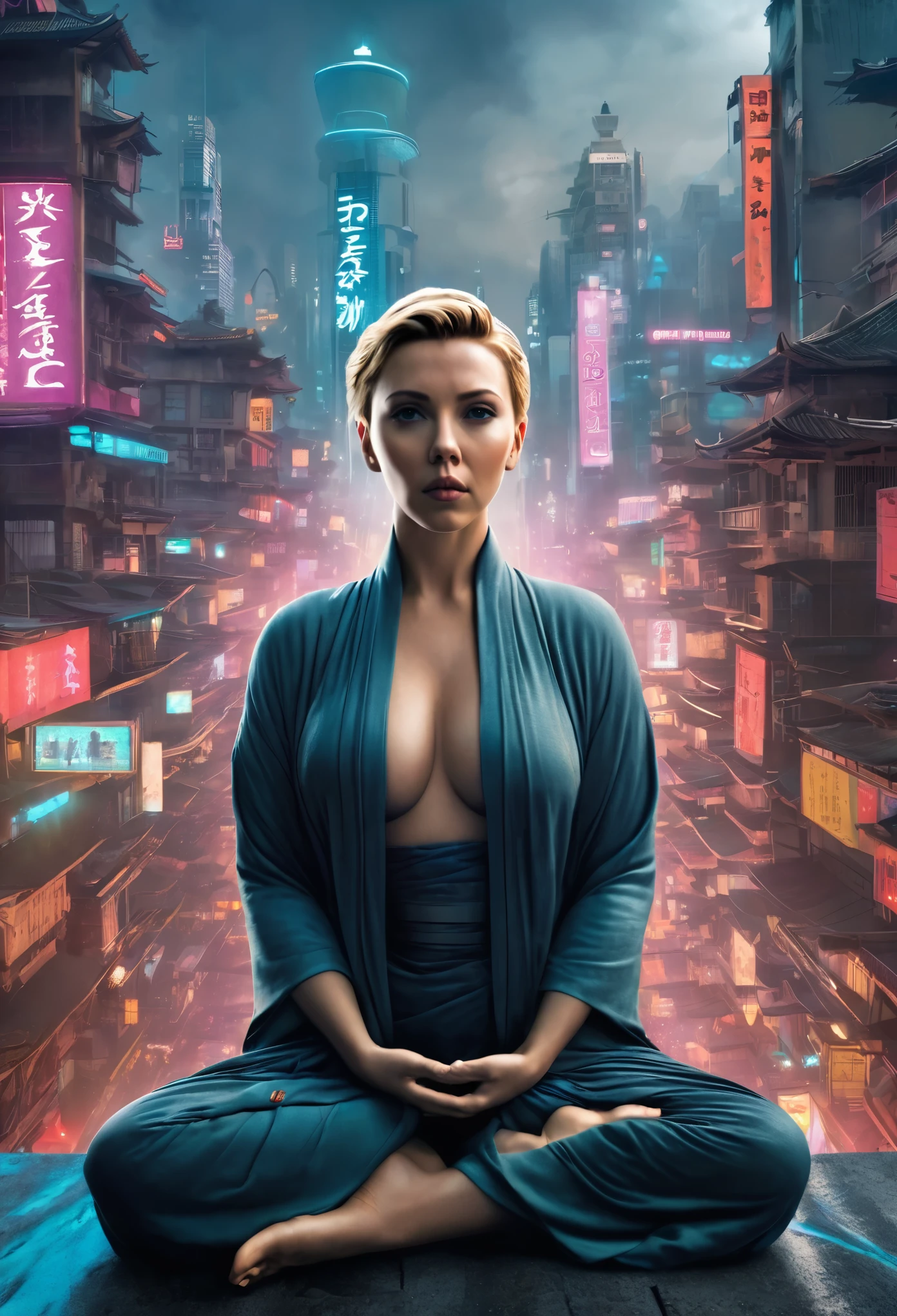 Buddha(played by scarlet Johansson), Meditation in the middle of the metropolis, Cyberpunk city, Cyberpunk meditation