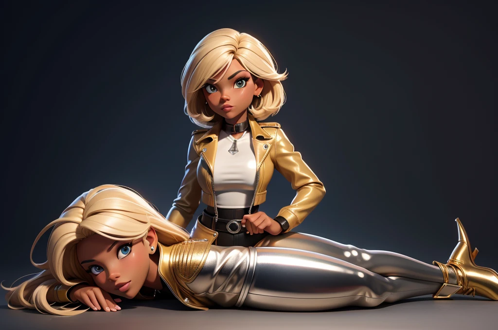 obra prima, melhor qualidade, ((only one woman,)) ((angie dickinson, dark tan skin, blonde bob hair,)) erect cone tits, ((wearing shiny gold leather biker moto jacket,)) ((jacket has padded shoulders, jacket has stiff high collar,)) (((wearing shiny silver leather pants,))) body is very skinny, ((laying down, resting on one hip,)) ((camera back of body view,)) shallow depth of field, highres, HD, 8k, anatomically correct