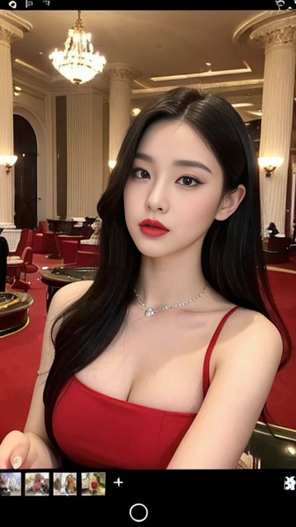 1 korean woman, big breasts, strikingly beautiful, delicate facial features, expressive eyes, black hair, red lips, erotic pose, There is a female croupier in a low-cut red dress in the casino dazzling eyes and jewels in her hair, hands reach for the lens, eyes hook the soul seduces you, a casino covered with jewels, inside a casino, casino, Vesper Lynd de Casino Royale, online casino logo, screenshot of a stunning screen, Playing Poker, video game screenshot, White Widow, levitating cards.