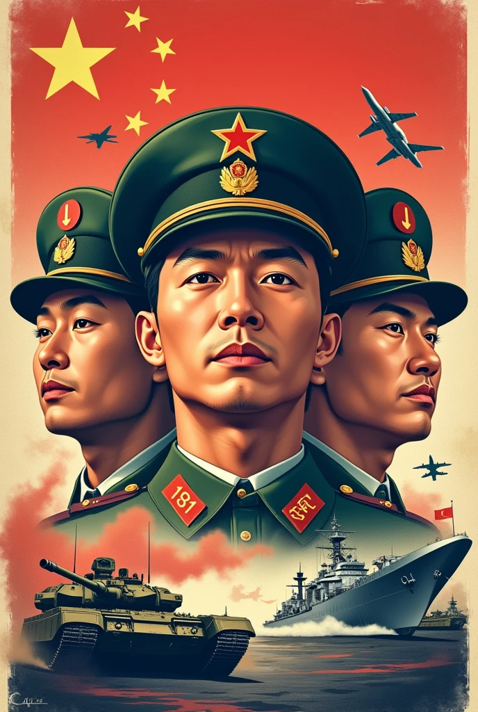 poster，Close-up shots of soldiers from the three branches of the Chinese military，Background featuring military equipment from the sea, land, and air，主题是我爱国防的主题poster