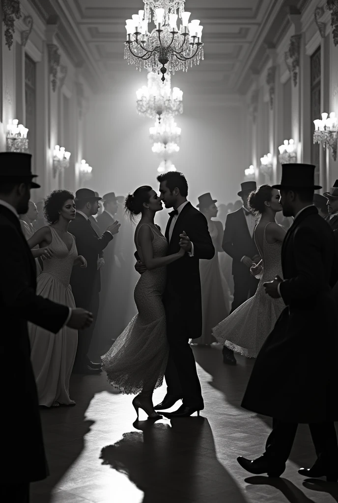 A historic photo: An image of a masked ball, For example, where people of different social classes are separated, with a couple dancing LIVELY AND AGITATED SALSA (with swings) in a more secluded corner. The caption could highlight social segregation and discrimination against popular dances.