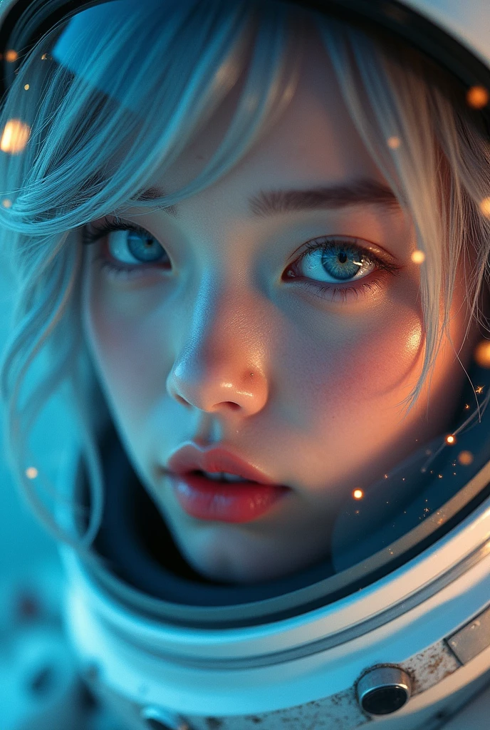 (Close-up of a better masterpiece:1.5)0.9], (Space and astronauts:1.2) (Messy silver hair:1.1) (Heterochromia xanthochromia and blue eyes:1.2) (Space Helmet:1.0) (Colored stars in the eyes:1.0) (A radiant glow:1.1) (thick lips:0.9), (Asia beautiful girl astronauts)