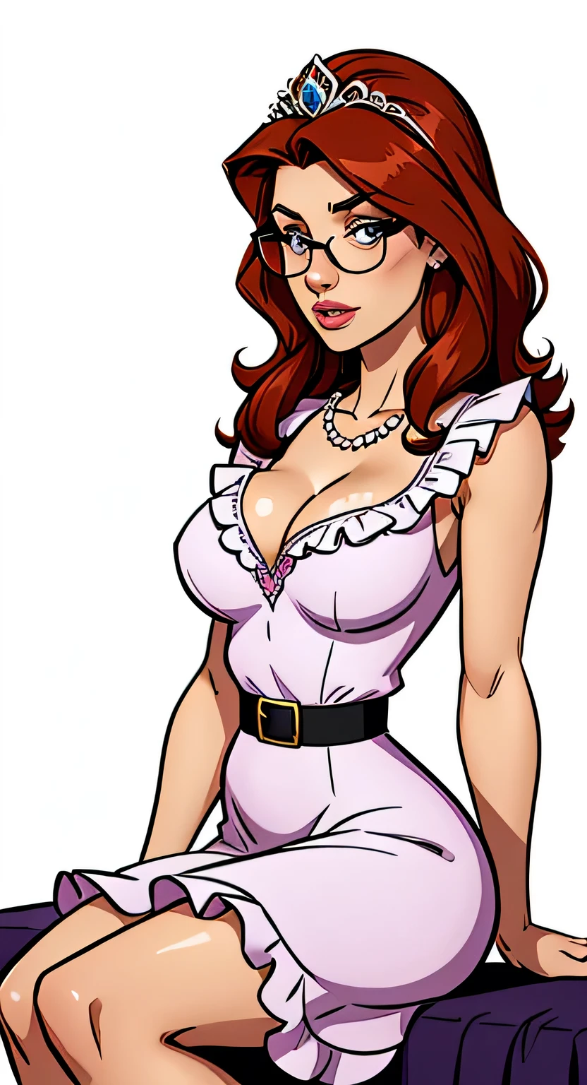 Thin woman, 4K (High definition), professor wearing a purple V-neck dress shirt (with ruffles) and central locking, looking sadly at the broken pearl necklace (with some pearls fallen on her breasts), black belt, long white curly hair, Caucasian skin, round glasses, shoulder length wavy red hair (wearing tiara), sitting, eyes browns, busty with freckles. comic style, white background.