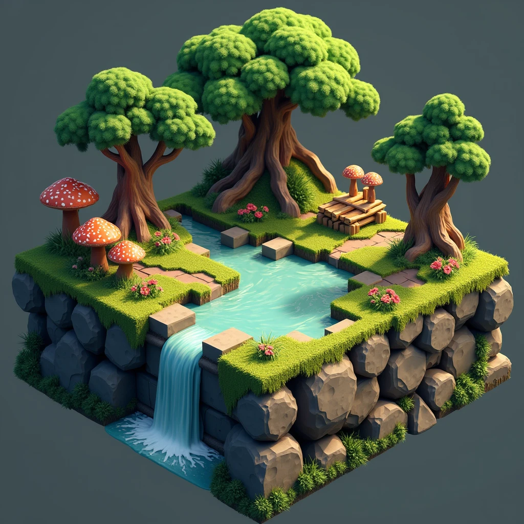 3D Model Games, Tribal style, Square land model with small flowing rocks, Small waterfall with rocks in old growth forest, Trees and mossy decaying wood, mushroom, Flower and grass growth. Ready to Play.
