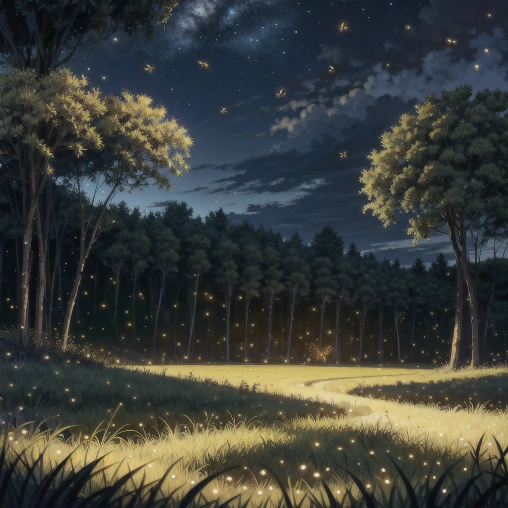 (Best Quality, masterpiece:1.2), Detailed 8K CGI rendering, thick outlines, strong shadows, Herb Field, tall grass, dark night, cloudless sky, Creepy lighting, fireflies emerging, (Fireflies everywhere:1.1), swarms of fireflies, little points of light, buzzing insects, floating particles, serene atmosphere, peaceful,