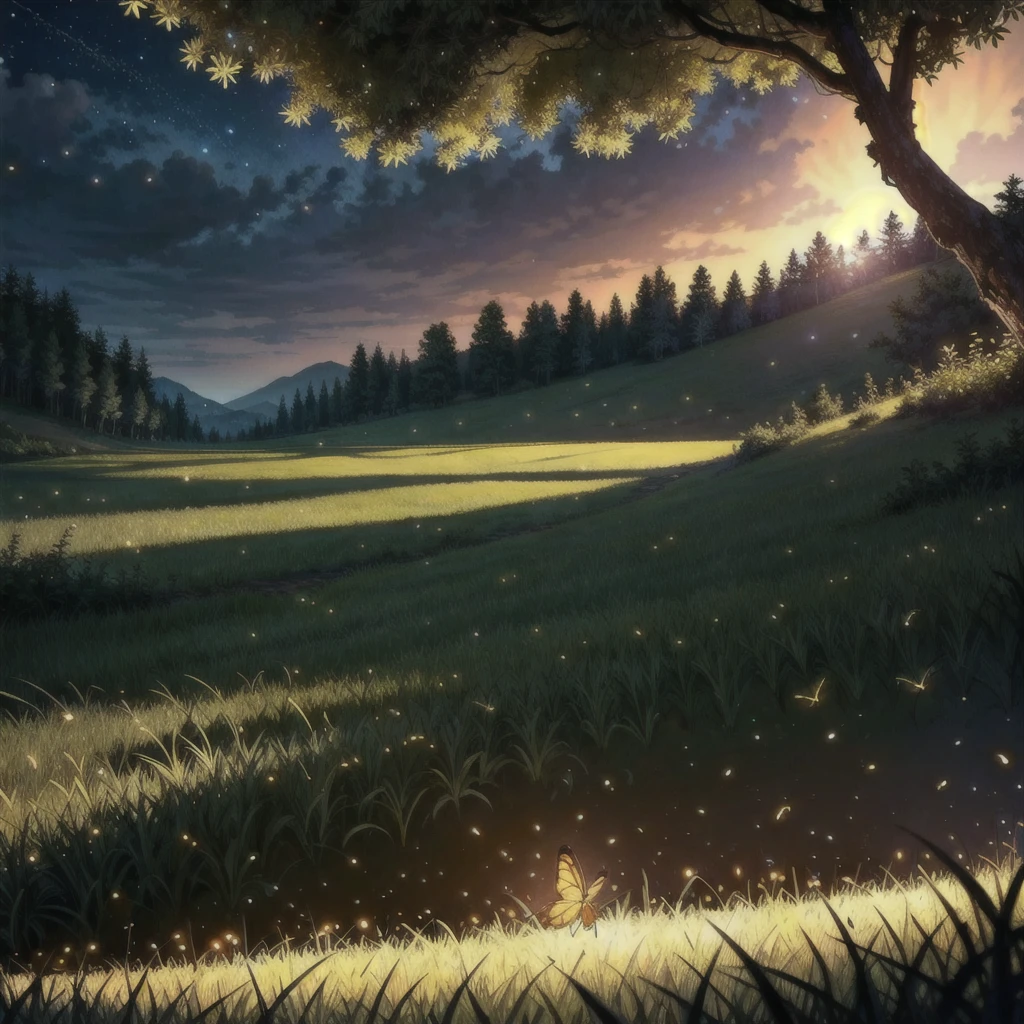 (Best Quality, masterpiece:1.2), Detailed 8K CGI rendering, thick outlines, strong shadows, Herb Field, tall grass, dark night, cloudless sky, Creepy lighting, fireflies emerging, (Fireflies everywhere:1.1), swarms of fireflies, little points of light, buzzing insects, floating particles, serene atmosphere, peaceful,