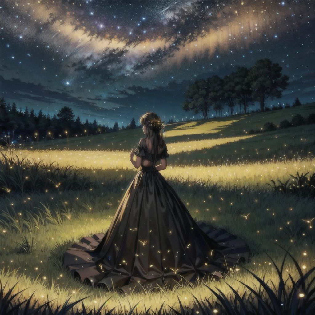 (Best Quality, masterpiece:1.2), Detailed 8K CGI rendering, thick outlines, strong shadows, Herb Field, tall grass, dark night, cloudless sky, Creepy lighting, fireflies emerging, (Fireflies everywhere:1.1), swarms of fireflies, little points of light, buzzing insects, floating particles, serene atmosphere, peaceful,