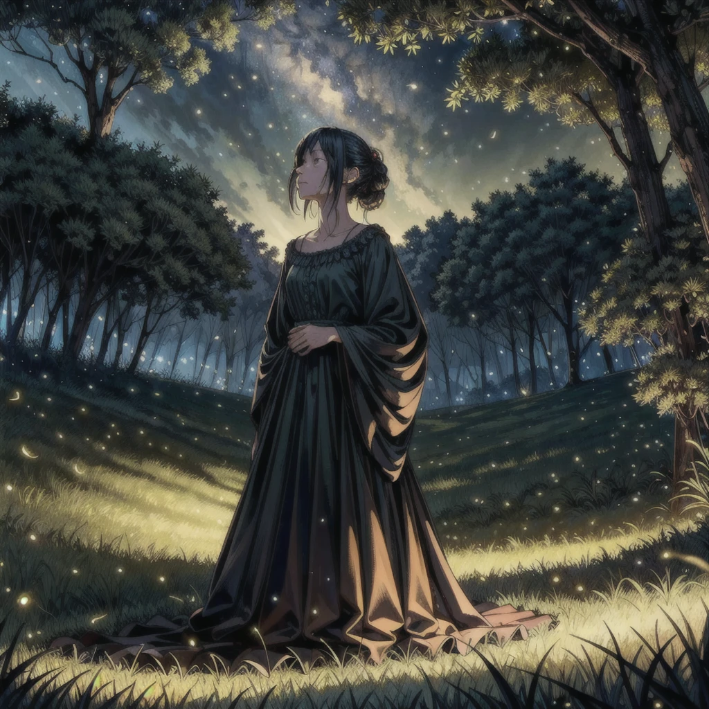 (Best Quality, masterpiece:1.2), Detailed 8K CGI rendering, thick outlines, strong shadows, Herb Field, tall grass, dark night, cloudless sky, Creepy lighting, fireflies emerging, (Fireflies everywhere:1.1), swarms of fireflies, little points of light, buzzing insects, floating particles, serene atmosphere, peaceful,