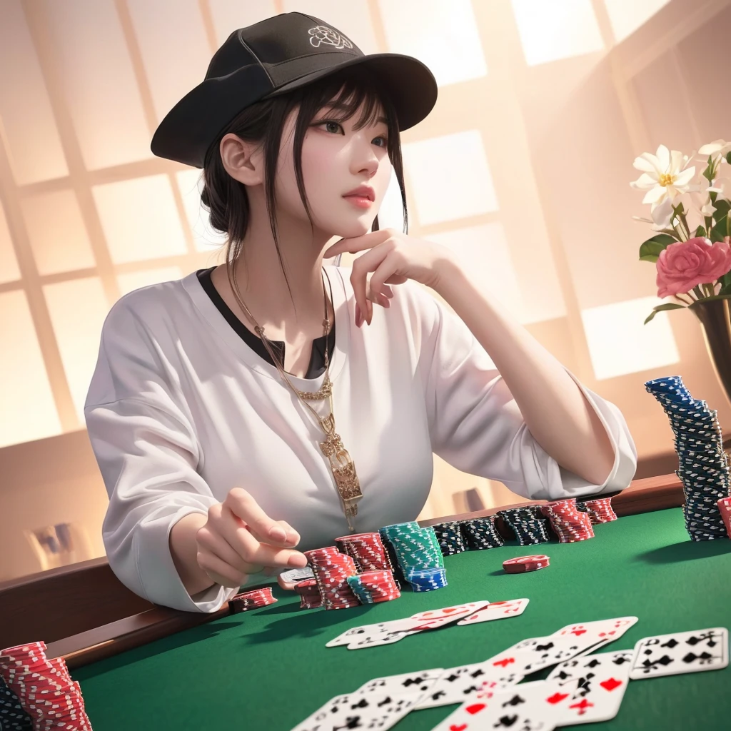 there is a woman that is playing a game of poker, card game illustration, playing poker, ross tran 8 k, 3d render senior artist, game illustration, the card player man, an oldman, detailed game art illustration, artwork in the style of guweiz, high quality portrait, stunning digital illustration, realistic art style, portrait of hide the pain harold