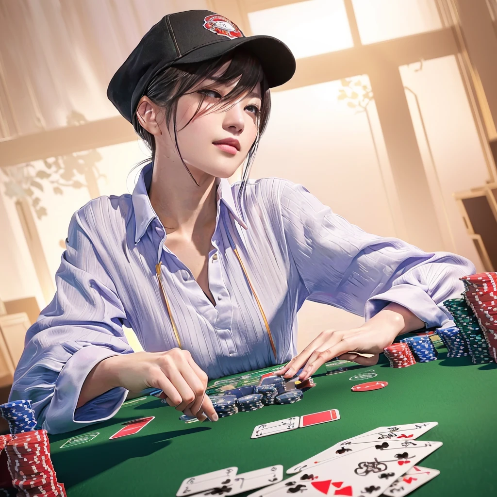 there is a woman that is playing a game of poker, card game illustration, playing poker, ross tran 8 k, 3d render senior artist, game illustration, the card player man, an oldman, detailed game art illustration, artwork in the style of guweiz, high quality portrait, stunning digital illustration, realistic art style, portrait of hide the pain harold