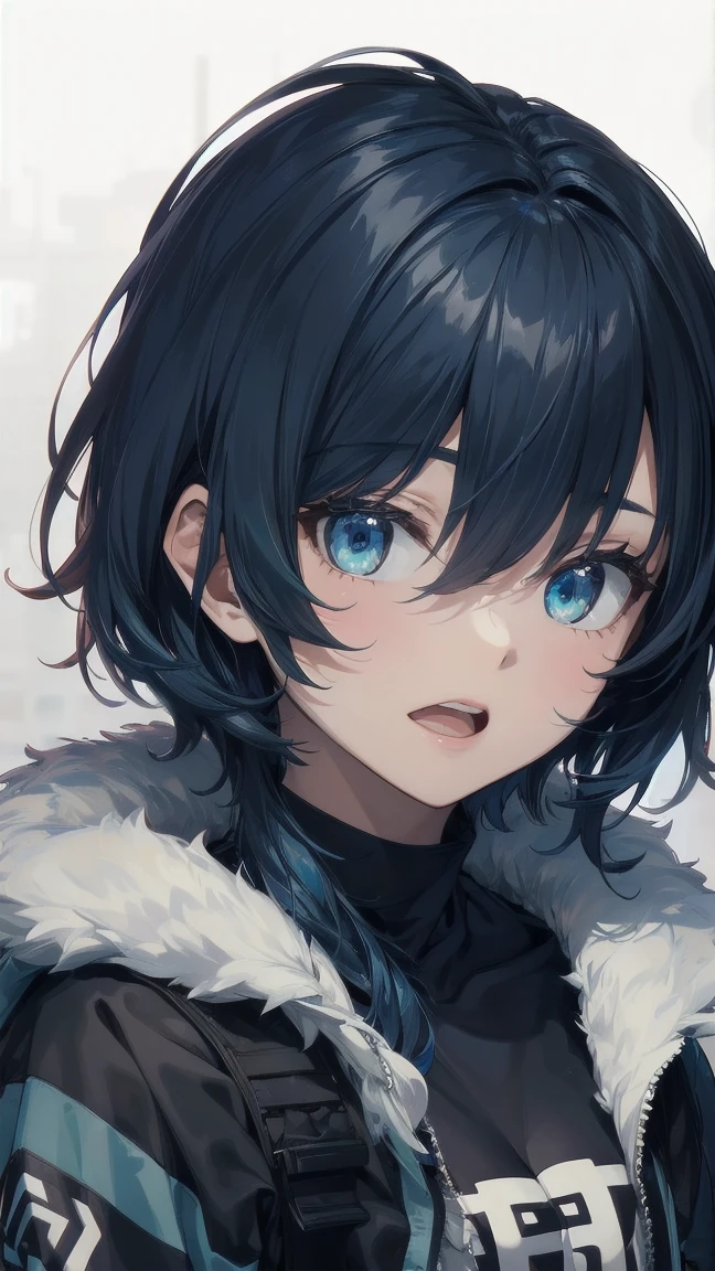 Close-up of a manga girl with blue hair and a yellow shirt, 2D Animation, 2D Animation style, 2D Art, 2D Art, 2D from Gorillaz, 2D from Gorillaz, 2D Gorillaz, Screaming Cerket, 2D Sprite, Jinx Face, short hair, Small breasts, hot pants, ((Black Hair, Inner bright blue hair:1.4))