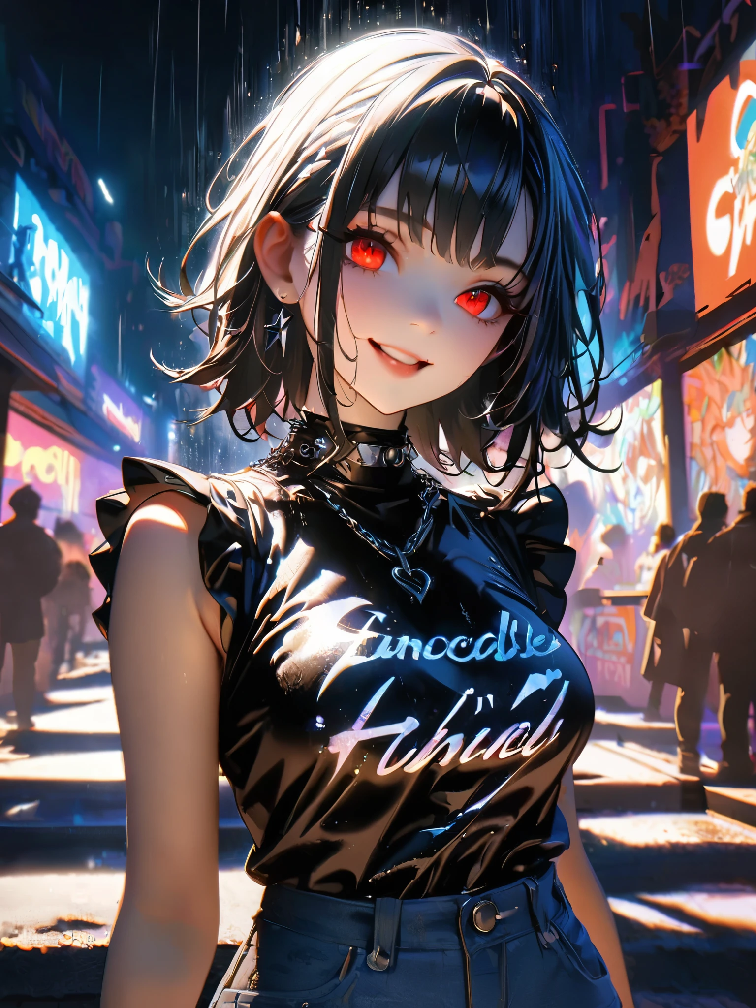 1 person, chromatic aberration, Written boundary depth, Soft Light, masterpiece, Highest quality, complicated, Tone Mapping, A place where fireworks are set off at festivals. Concept Art, Smooth, Clear focus, Dramatic lighting, Very cinematic, super practical painting, アートステーション's trending, 8k, Incredible Shadows, practical,  whole body, View, Viewers, Portrait of a Girl 1, standing on street corner, Heavy rain and lightning、Dark Sky, neon and cyber punk background, she is dressed in punk clothing with silver chains and silver spikes, Her hair was dyed a bright black color..........Ominous aura of light, smile, punk, ciber punk, Backlight.Fashionable clothes、Friendly dress code:Stylish blue sleeveless denim style.My breasts are a little big.Beautiful red eyes