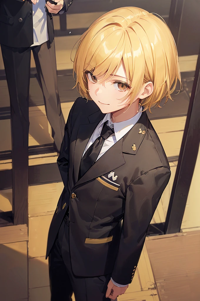 (((masterpiece; best quality: 1.2))), (detailed eyes: 1.3), ((1 male teen)), ((solo)), (brown eyes: 1.4), (body shape; lean, masculine, manly: 1.3), (very short yellow hair: 1.3), (clear background: 1.2), ((depth of field)), (equipment: male school uniform + black jacket + black necktie + white shirt: 1.3), (anime illustration: 1.2), (background composition; japanese highschool classroom + furniture: 1.1), (very handsome: 1.1), (shot composition; standing + centered on face + medium-shot close-up: 1.5), (facial expression; calm + smile: 1.2)