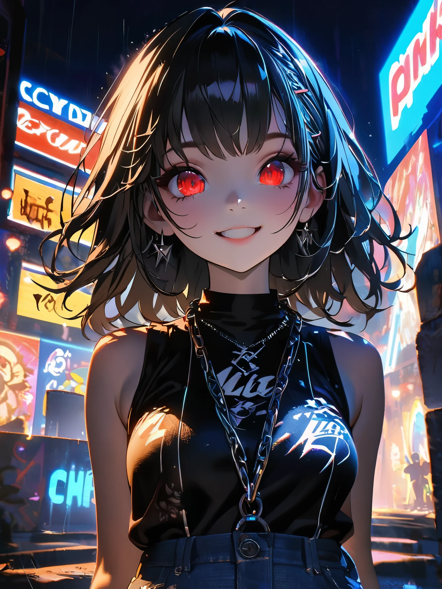 1 person, chromatic aberration, Written boundary depth, Soft Light, masterpiece, Highest quality, complicated, Tone Mapping, A place where fireworks are set off at festivals. Concept Art, Smooth, Clear focus, Dramatic lighting, Very cinematic, super practical painting, アートステーション's trending, 8k, Incredible Shadows, practical, whole body, View, Viewers, Portrait of a Girl 1, standing on street corner, Heavy rain and lightning、Dark Sky, neon and cyber punk background, she is dressed in punk clothing with silver chains and silver spikes, Her hair was dyed a bright black color..........Ominous aura of light, smile, punk, ciber punk, Backlight.Fashionable clothes、Friendly dress code:Stylish blue sleeveless denim style.My breasts are a little big.Beautiful red eyes