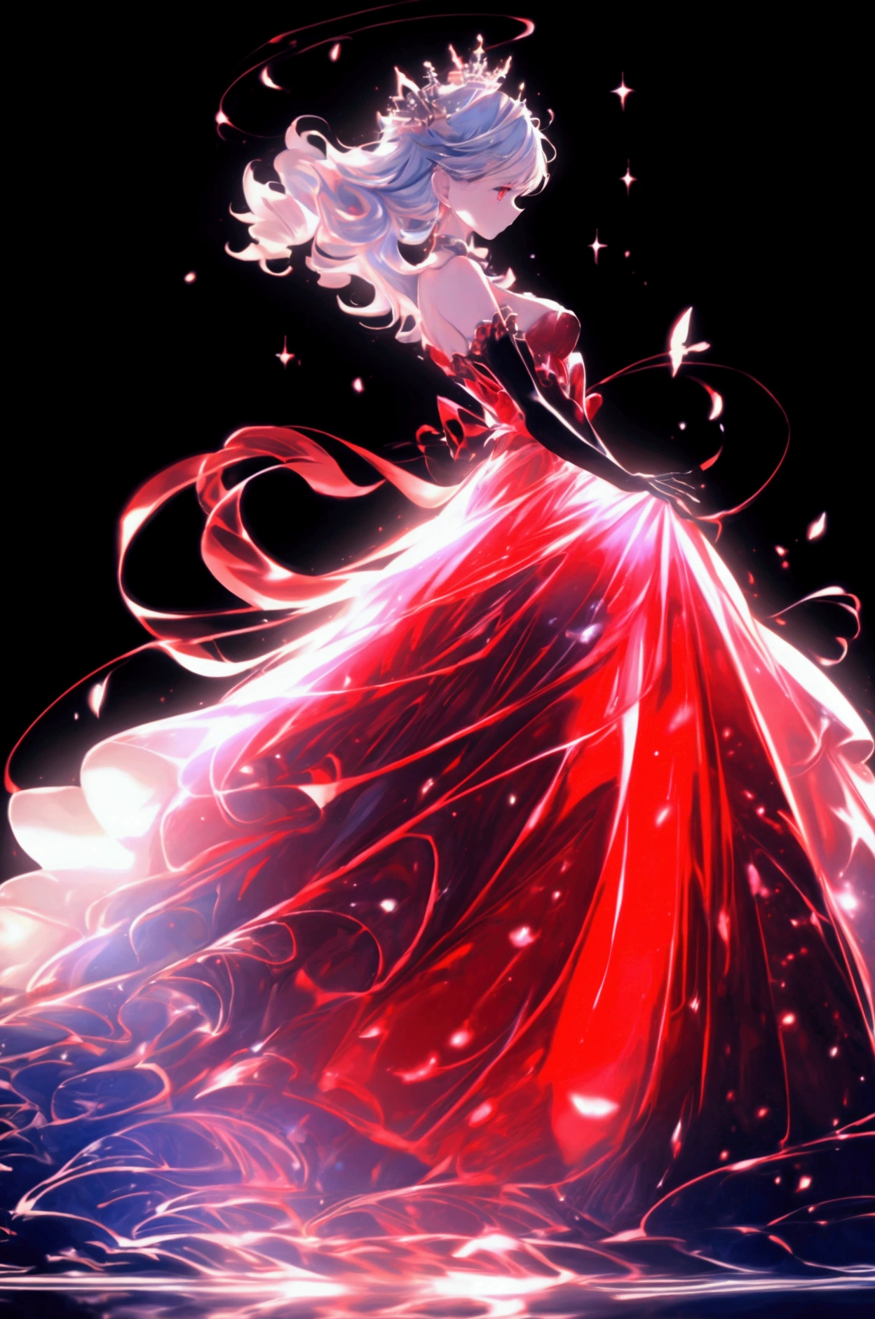 HD,masterpiece, best quality, very detailed, high resolution, expensive resolution, high resolution, 4K, 8k, Unity 8k wallpaper, highly detailed CG, masterpiece, 2D, 3D, beautiful details, depth, fine texture, best quality: 1.3, perfect focus, crispy skin, he, Very cute anime girl,Midnight, red moon, altar isle, falling petals, flying butterflies, ((full body portrait)), 1girl, solo, camilavtuber, silver hair with red hightlights, longcurly hair, red eyes, slim arms, black arm sleeves, black gloves, medium chest, 1devil wing, black mini dress, slim legs, black high heels, close up, innocent pose, Eye-Level Shot, front view