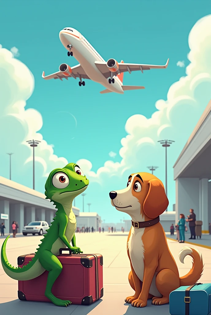 A lizard and a dog watching a plane take off with their luggage crying