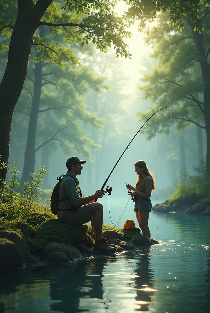 A man and a woman fishing in the forest