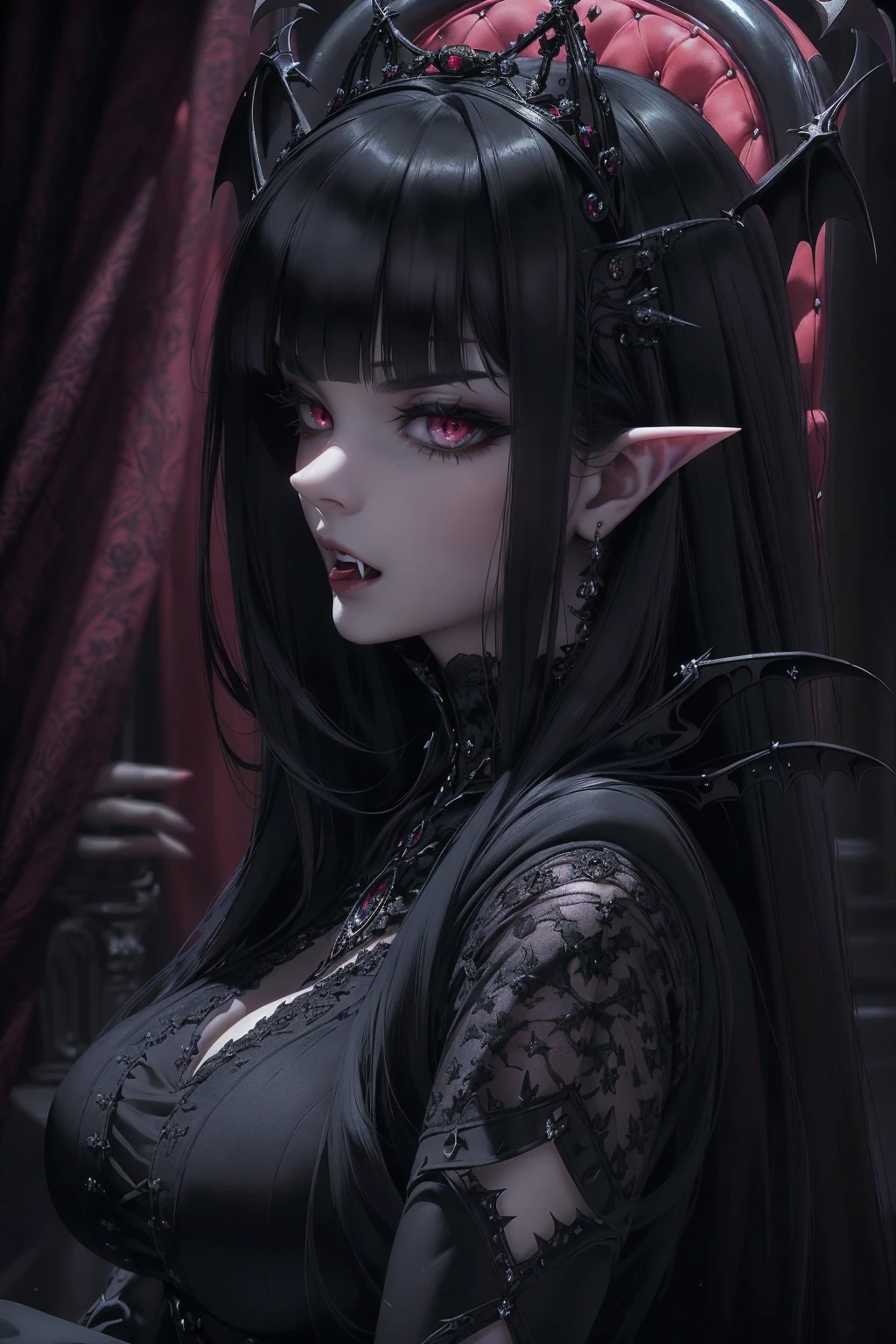 REALISTIC VISION 1.4, BETTER VAE,sharp focus, ultra detail, 32k,realistic photo, intricate details, absurdres, ((stunning female Vampire))), goth Renaissance, (long black hair:1.erfect and detailed angular sharp oval shaped face, ((redeyes)), jewelry, red and black tetradic colors, (bangs), full lips, black lipstick, gothic castle background, (solo), perfect anatomy, approaching perfection, ethereal, intricate details, ultra-high definition, 12k resolution, goth aesthetic, smooth, sharp focus, dreamy, glowing, backlit, glamour, glimmer, fantastical, shadows, smooth, Gothic crown, sitting on the gothic throne, backwards, looking back