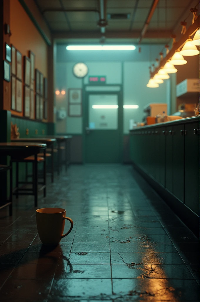 A 80's cafeteria, floors with natural wear, a cup of coffee on the counter, low light, intricate, 8k,