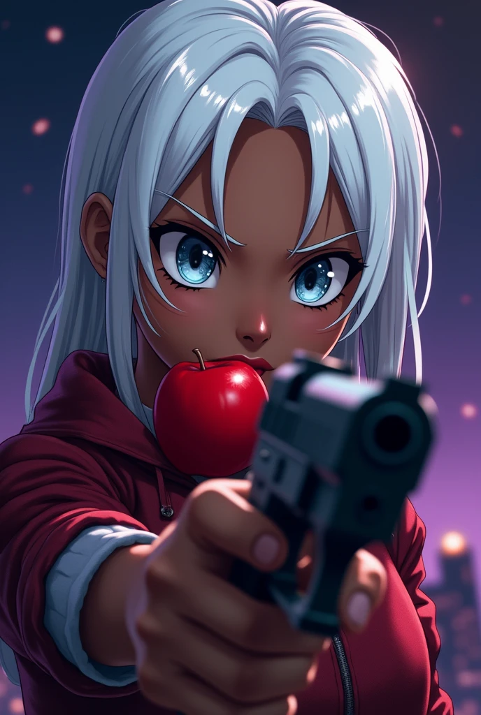 Black girl with white hair, white eyebrow, white eyelashes, brown skin tone, biting an apple with his left hand and holding a gun towards the camera with his right hand, a night with lighting tones pulled towards purple and a bit of blue, art style: アニメ