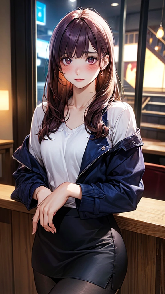 (masterpiece:1.2, Highest quality), (Realistic, photoRealistic:1.4), Beautiful illustrations, (Natural Side Lighting, Cinema Lighting), Surrealism, 
View your viewers, 1 person, Japanese, 22 years old, , Perfect Face, Cute and symmetrical face, Baby Face, Glowing Skin, 
(Long Hair:1.8, Straight hair:1.7, Hair Intake, Purple Hair), Blunt bangs, Chestnut brown eyes, Big eyes, Slanted Eyes, Long eyelashes, (Medium chest, Thick thighs), 
Beautiful Hair, Beautiful Face, Beautiful attention to detail, beautiful clavicle, Beautiful body, Beautiful breasts, Beautiful thighs, Beautiful feet, Beautiful fingers, 
((Navy jacket, close the jacket, Navy Tight Skirt, White collared shirt), Black Pantyhose), clavicle, 
(Beautiful views), evening, (bar:1.2, Chair), , (Raise your eyebrows, Nervous, blush), 