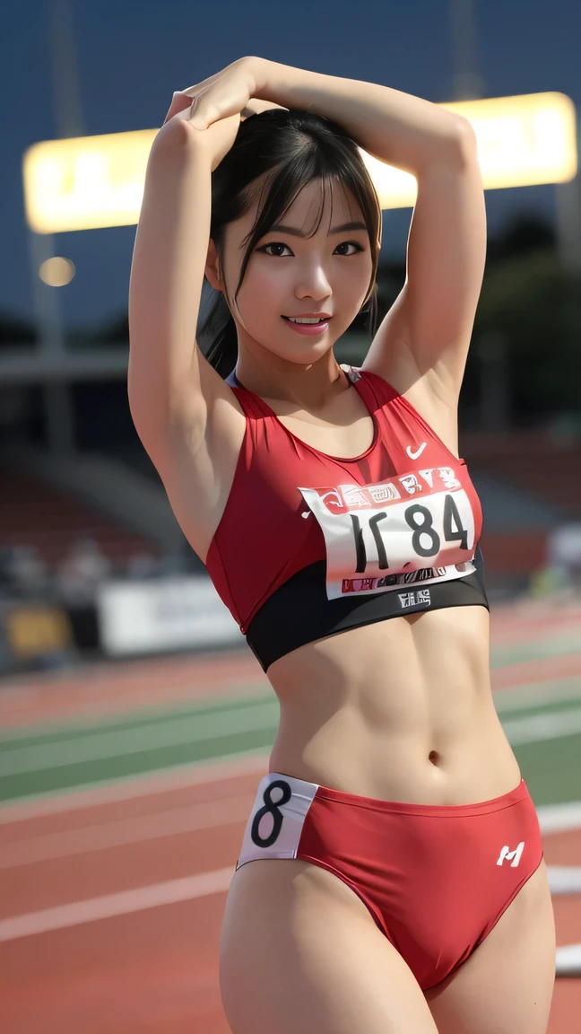 (Tabletop:1.3), (8k, Realistic, RAW Photos, Highest quality: 1.4), Japanese, Beautiful Face, (A vivid face), (Shortcuts:1.3), Realistic eyes, Beautiful Eyes, (Real Skin), Beautiful Skin, 超High resolution, Ultra-realistic, High resolution, Beautiful Japanese Women, (夜のAthletics場, Track and Field:1.5), Athletics, (Show me your armpits:1.4), (Put your hands behind your head:1.2), smile