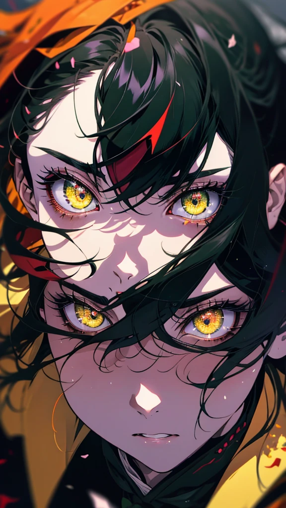 an anime with green eyes, black hair, and yellow eyes, gapmoe Yandere grimdark, portrait gapmoe Yandere grimdark, gapmoe Yandere, Yandere, Burning, Ahegao face, Ahegao, Half Yamada, Another close-up of Iwakura, Detailed anime faces, Albedo from Overlord