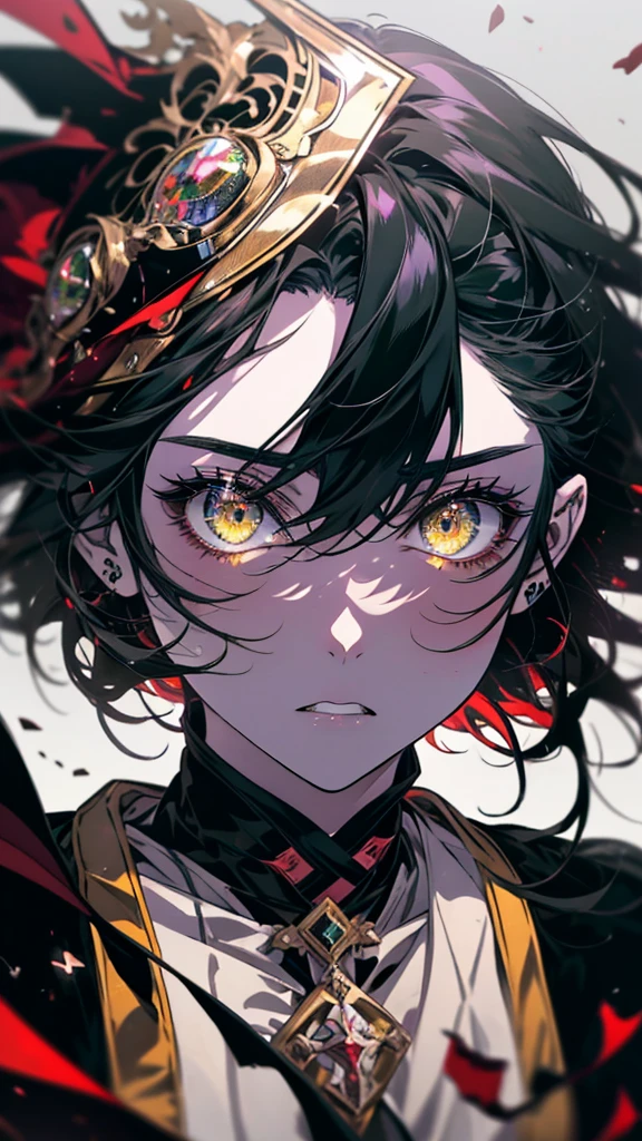 an anime with green eyes, black hair, and yellow eyes, gapmoe Yandere grimdark, portrait gapmoe Yandere grimdark, gapmoe Yandere, Yandere, Burning, Ahegao face, Ahegao, Half Yamada, Another close-up of Iwakura, Detailed anime faces, Albedo from Overlord