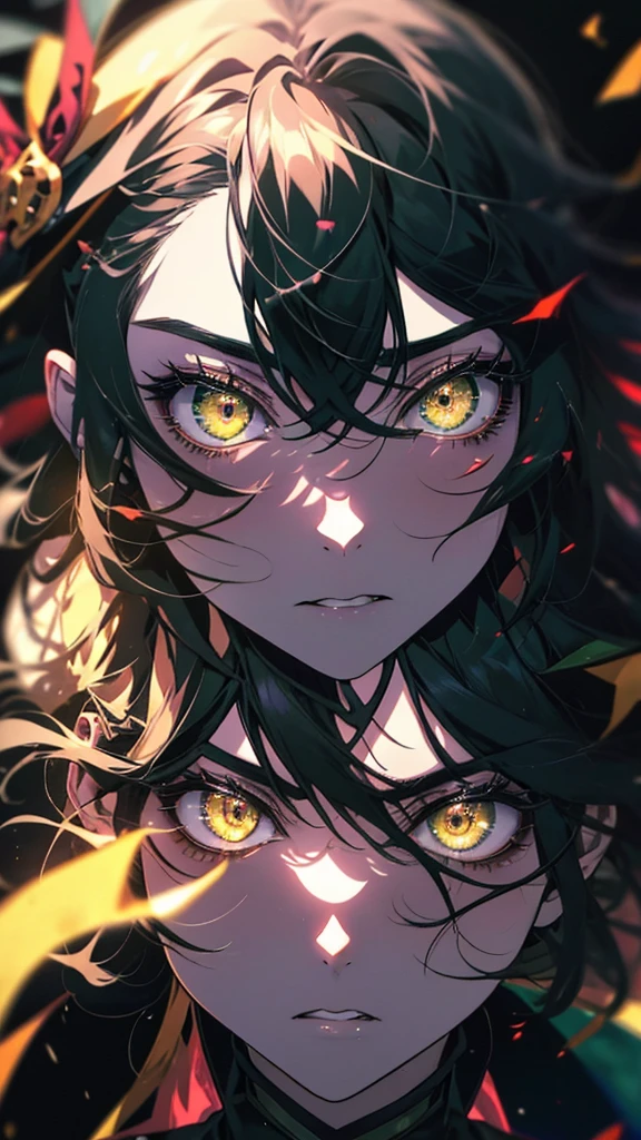 an anime with green eyes, black hair, and yellow eyes, gapmoe Yandere grimdark, portrait gapmoe Yandere grimdark, gapmoe Yandere, Yandere, Burning,  face, , Half Yamada, Another close-up of Iwakura, Detailed anime faces, Albedo from Overlord
