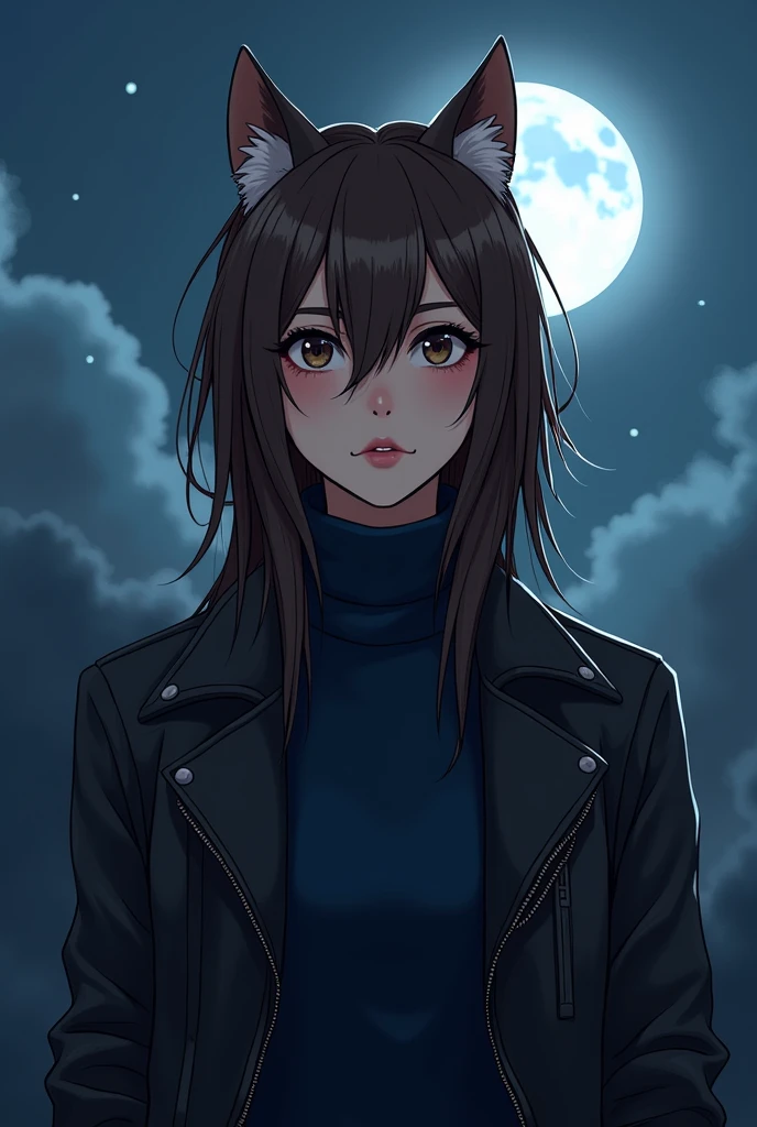 Young Brazilian human fascinated by Greek mythology and supernatural creatures, deep connection with the dark forces of the night, A horror RPG, mystery and investigation set in modern times, the basic image, occultist, long long wolfcut hair with bangs, light brown hair color, very fair skin, at night with the moon, wearing a navy blue long sleeve turtleneck shirt, leather jacket, outgoing, ARTe Realistic Cartoon, uncanny, Paranormal order Cellbit, rounded face, rpg paranormal order