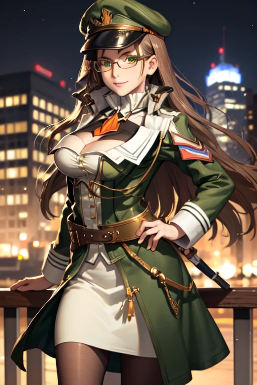 masterpiece, best quality, Jihl Nabaat, glasses, green coat, orange aacot, belt, white skirt, pantyhose,  green peaked cap, large breasts, upper body, looking at viewer, furrowed brow, smile, night, cityscape