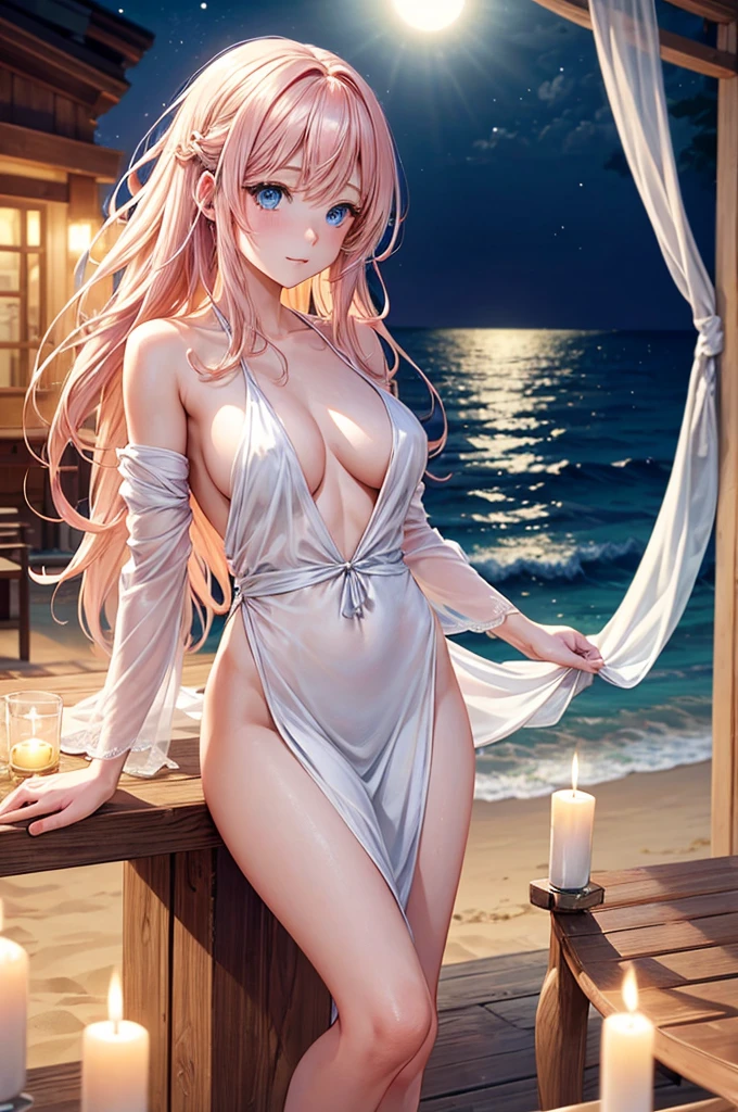 Create an image of a completely nude young woman with blonde hair that has dyed pink ends and blue eyes. She is on the beach at night, where the atmosphere is peaceful and serene. The setting includes lit candles that softly illuminate the area around her. The young woman is dressed in an elegant flowing dress that moves gently in the sea breeze. The atmosphere of the image should convey a feeling of peace and tranquility.