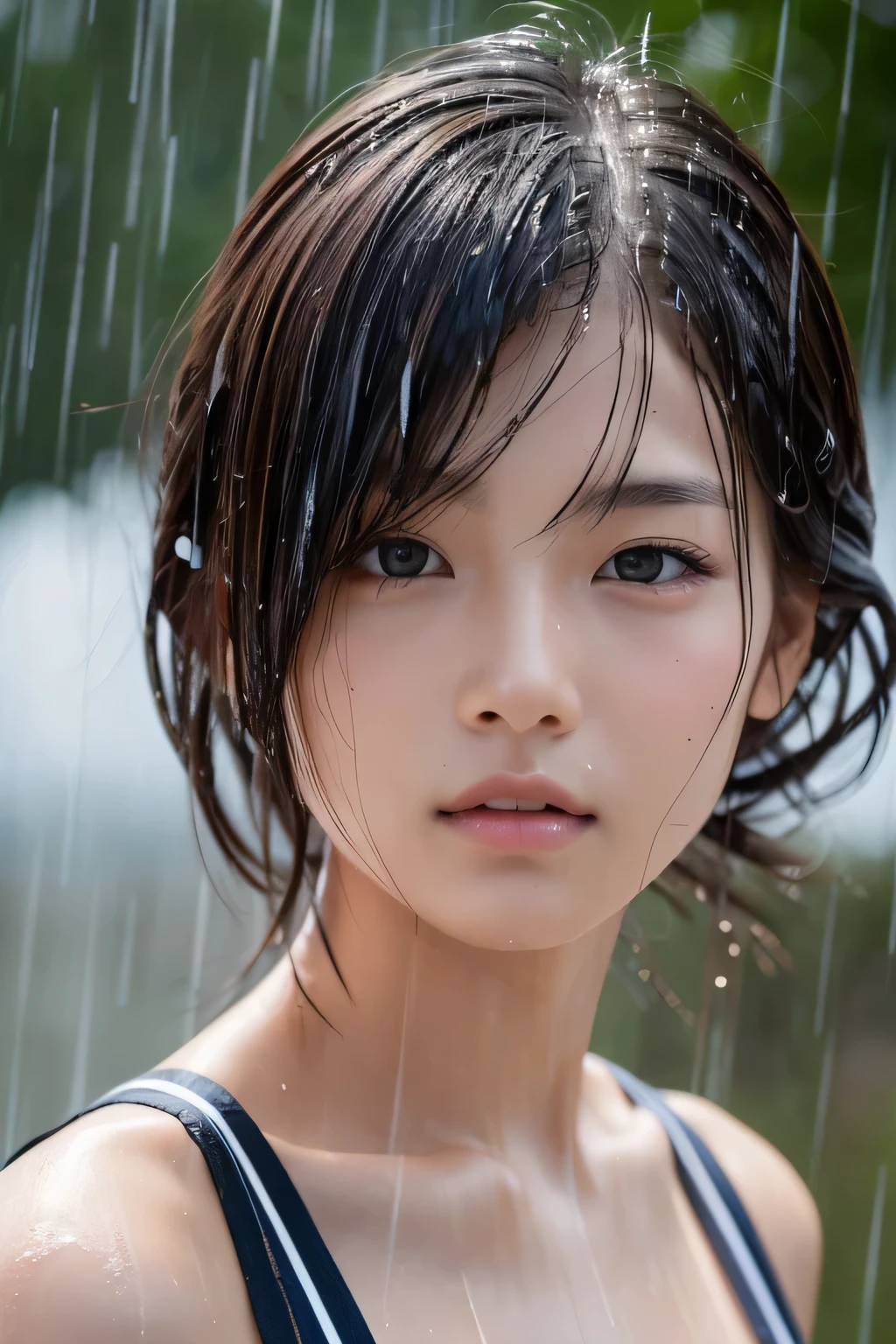 Hair blowing in the wind、Wet Skin、Wet Hair、Wet clothes、(pouring rain:1.4)、Ocean,A cute girl with a face like a Japanese idol, (Cinema Lighting),(Natural light),(High level of artistry),(artistic),(Indistinguishable quality from the real thing),{{RAW Photos}},{{Genuine}},High resolution,masterpiece, beautiful, Handsome Tomboy, Looks like a salon model, Cool face, Neutral facial features, Swimwear, nsfw,