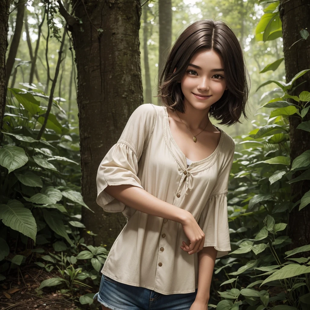 "A medieval-style female character. She has a youthful appearance and appears to be in her late s, but is in fact 30 years old. The focus is on a close-up of her face, smiling happily, with a bright, lively attitude and an energetic, cheerful expression. Her face has an androgynous, almost boyish feel, with soft, youthful features. Her hair is short and practical, with a natural color such as brown or black. She is slender, with a small chest and short stature. Her clothing is practical and resembles that of a country boy, consisting of shorts and a simple shirt or tunic, in a natural earth color palette. The background is blurred with a lush forest."