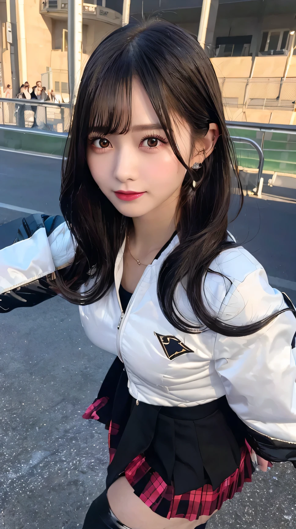 Ultra-high resolution, 1 girl, 18-year-old, (Idol:1.4), (Famous actress :1.4), (Beautifully detailed face:1), bangs, (Colorful floating hair), Dentate-like changes in the skin, light makeup, (Medium bust:1.3), (Glowing Skin:1.1), Glowing Skin, Long limbs, slim, Tight waist, Medium Hips, Thin legs, slim太もも, Dynamic Lighting, Sexually provocative face, Shiny texture, lipstick, V-shaped eyebrows, V-line chin, View your audience, (長いBlack Hair:1.3), (Perfect Face:1.4), ((Strong winds)), Flowing Hair, audience, (A shy smile:1.3), blue sky, (((Monte Carlo Street Circuit))), (((Racing Car))), (((Racing Bike))), ((Promotion Girl:1.3)), ((Grid Girls:1)), Pink Lip, light makeup, (Promotional Costumes, Carefully crafted down to the last detail,:1.10), Lace-up boots, Short sleeve, Cropped tops, ((Nylon promotional hat with logo)), (((Wearing a short jacket with logo:1.3))), (Tube top bra:1), Knee-length, (((たくさんのロゴが入ったナイロンShort sleeveジャケット))), (Logo glitter long nylon pleated skirt), Small Ass, ((Promotional wear with logo:1.3)), (((Shiny black and metallic red glitter promotional wear))), Fingerless gloves, Black Hair, Brown Hair, Redhead, blue eyes, (Drops of sweat:1), (Movement angle), walk, audience,