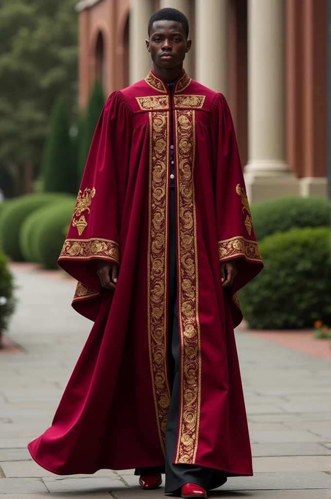 Wine red graduation gown with gold