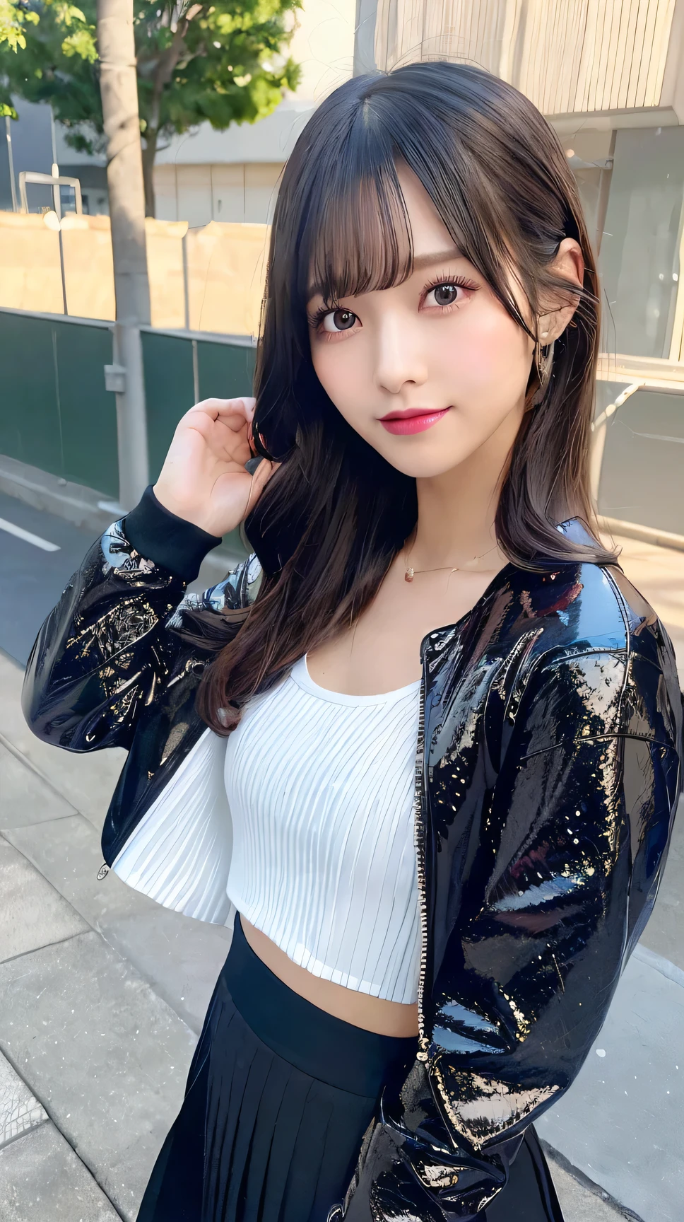 Ultra-high resolution, 1 girl, 18-year-old, (Idol:1.4), (Famous actress :1.4), (Beautifully detailed face:1), bangs, (Colorful floating hair), Dentate-like changes in the skin, light makeup, (Medium bust:1.3), (Glowing Skin:1.1), Glowing Skin, Long limbs, slim, Tight waist, Medium Hips, Thin legs, slim太もも, Dynamic Lighting, Sexually provocative face, Shiny texture, lipstick, V-shaped eyebrows, V-line chin, View your audience, (長いBlack Hair:1.3), (Perfect Face:1.4), ((Strong winds)), Flowing Hair, audience, (A shy smile:1.3), blue sky, (((Monte Carlo Street Circuit))), (((Racing Car))), (((Racing Bike))), ((Promotion Girl:1.3)), ((Grid Girls:1)), Pink Lip, light makeup, (Promotional Costumes, Carefully crafted down to the last detail,:1.10), Lace-up boots, Short sleeve, Cropped tops, ((Nylon promotional hat with logo)), (((Wearing a short jacket with logo:1.3))), (Tube top bra:1), Knee-length, (((たくさんのロゴが入ったナイロンShort sleeveジャケット))), (Logo glitter long nylon pleated skirt), Small Ass, ((Promotional wear with logo:1.3)), (((Shiny black and metallic red glitter promotional wear))), Fingerless gloves, Black Hair, Brown Hair, Redhead, blue eyes, (Drops of sweat:1), (Movement angle), walk, audience,