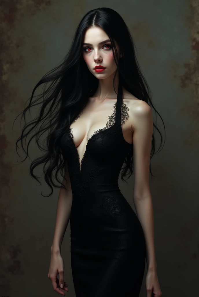 Vampire woman 
Beautiful 23 years old tall girl with pale skin, long wavy black hair, crimson red eyes, elegant black tight dress 