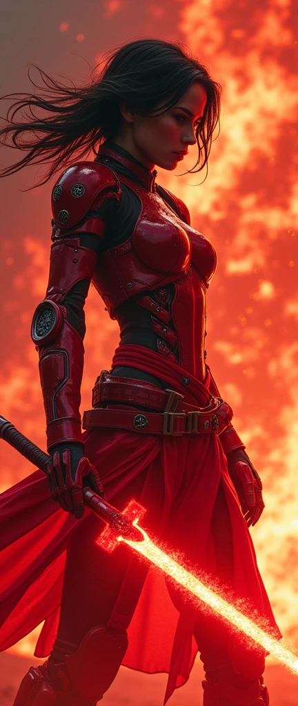 (masterpiece:1.2, Highest quality,High resolution,Super detailed),8k,wallpaper,(Very detailed),(Armored Core Style),Woman (Emma Watson) in ninja robot armor,Black Hair,Random Hairstyles,(Flame Ninja),(Red body),(Detailed face:1.3),(Detailed body:1.3),(Cowboy Shot:1.6),(The background is a red battlefield with a translucent dragon made of summoned flames.:2.0),Hair blowing in the wind,cyber punk,(dynamic),(Preparing for battle,Wield a giant sword with both hands:1.2,The electronic parts of the armor glow.:1.6),(Detailed hands:1.6),(Flashy special move effects:2.0)