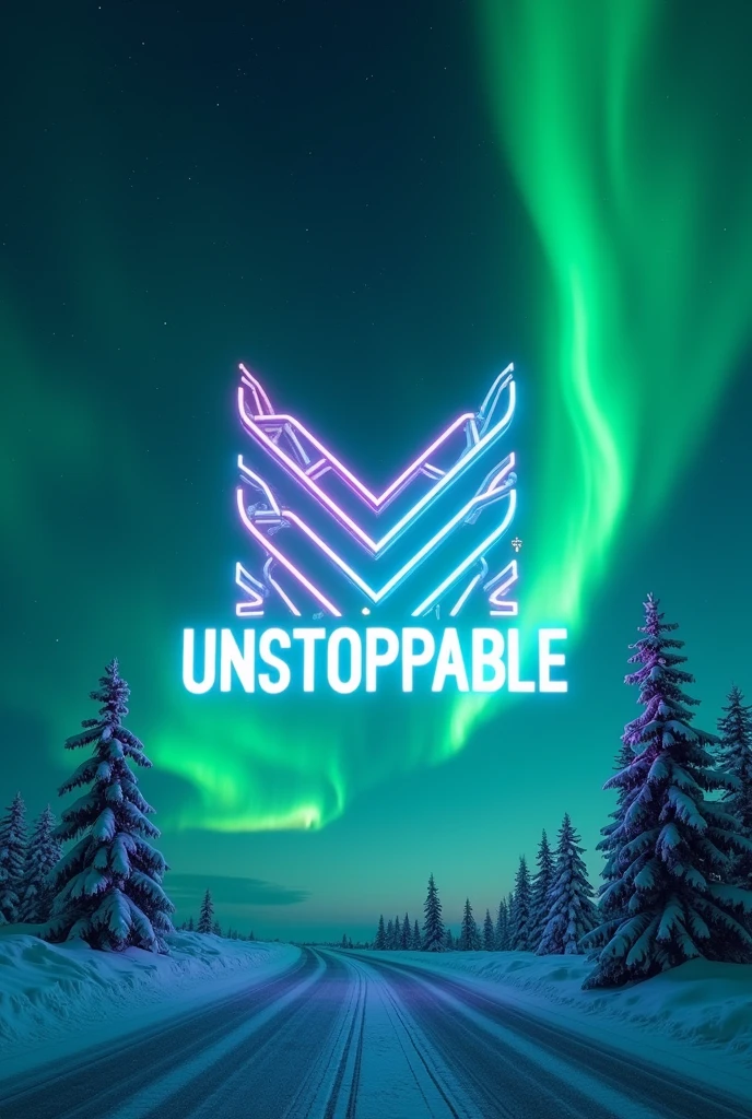Create a futuristic neon logo with a Northern Lights background and the word 'unstoppable' written on it.