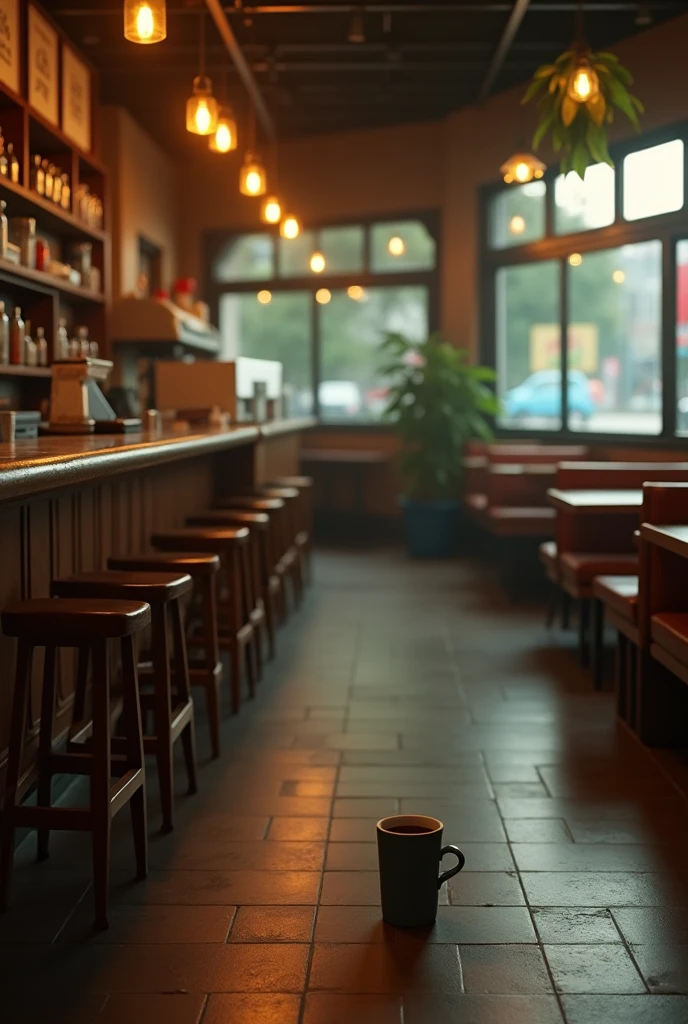 A 80's cafeteria, floors with natural wear, a cup of coffee at the counter, low light, intricate, 8k,