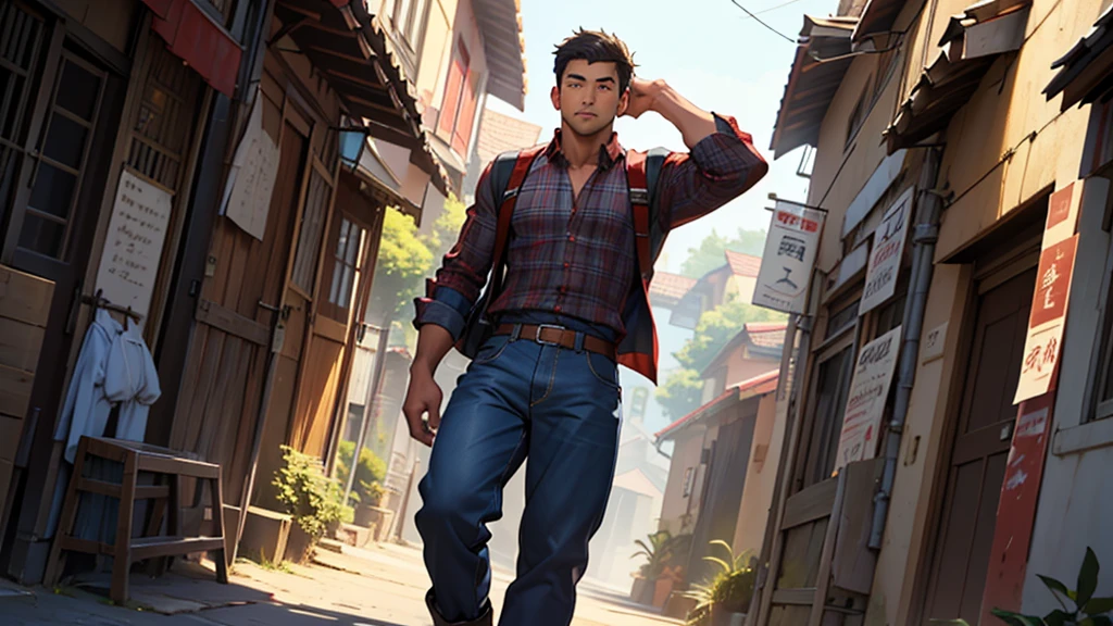 (masterpiece:1.2), (best quality), (ultra detailed), (8k, 4k, intricate),(full-body-shot:1), (highly detailed:1.2),(detailed face:1.2), (detailed background),detailed landscape, (dynamic angle:1.2), (dynamic pose:1.2), a asian male wearing country clothing that stands at 5'5"ft, 242lbs. Walking around a college Has a fat build, ebony smart cut hair, warm brown eyes. And mostly dresses up in casual attire, red or blue plaid shirt, baggy jeans, old work boots.
