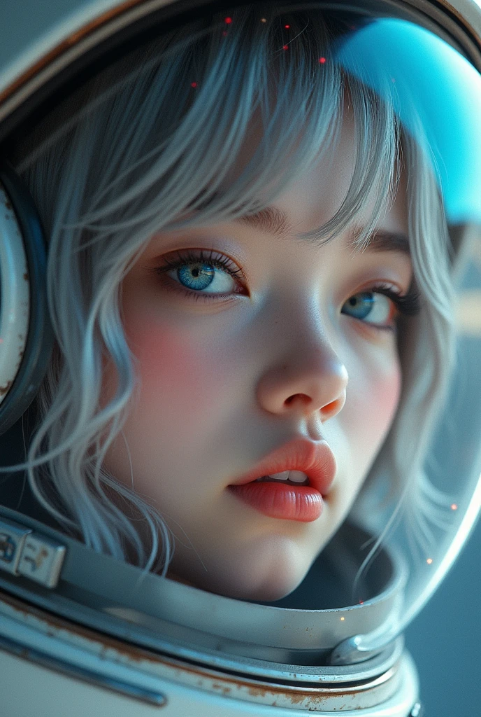 (Close-up of a ter masterpiece:1.5)0.9], (Space and astronauts:1.2) (Messy silver hair:1.1) (Heterochromia xanthochromia and blue eyes:1.2) (Space Hel:1.0) (Colored stars in the eyes:1.0) (A radiant glow:1.1) (thick lips:0.9), (Vietnamese beautiful girl astronauts)