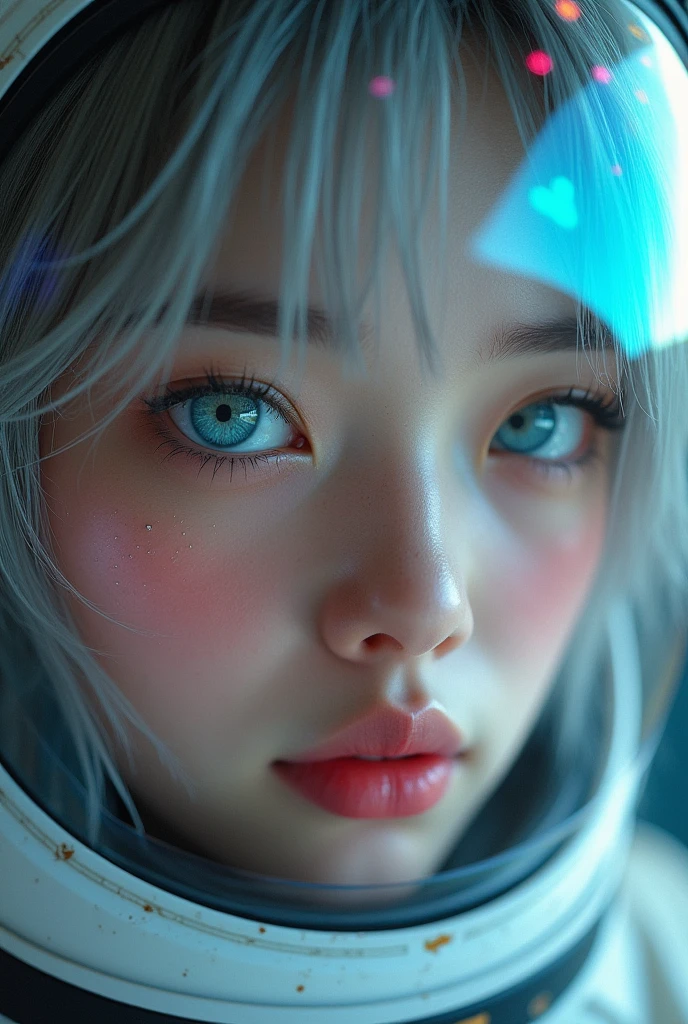 (Close-up of a better masterpiece:1.5)0.9], (Space and astronauts:1.2) (Messy silver hair:1.1) (Heterochromia xanthochromia and blue eyes:1.2) (Space Helmet:1.0) (Colored stars in the eyes:1.0) (A radiant glow:1.1) (thick lips:0.9), (Vietnamese beautiful girl astronauts)
