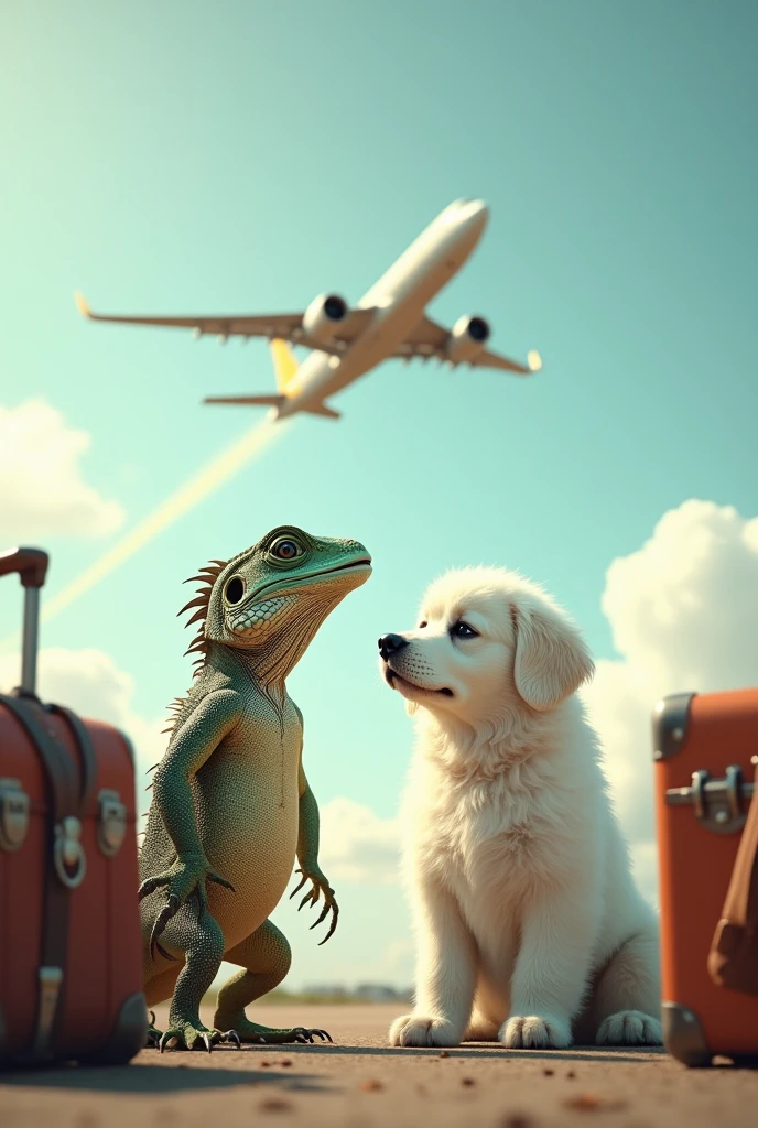 A lizard and a white dog watching a plane take off with their luggage crying 