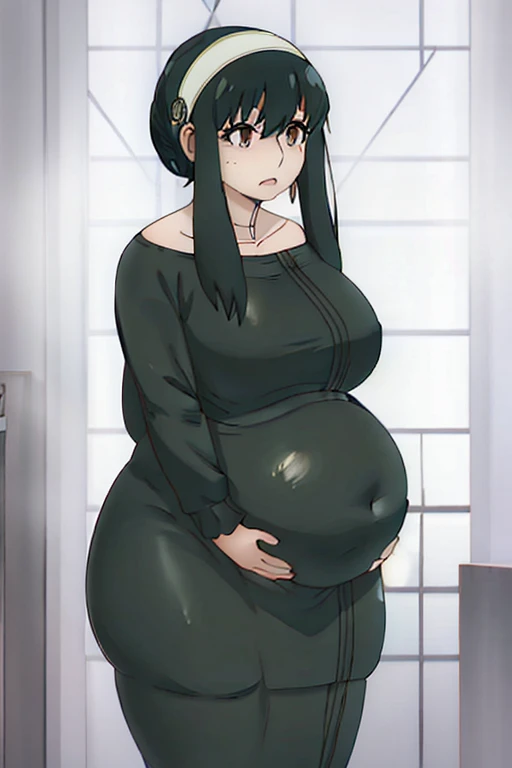 anime pregnant woman in black dress with a surprised look on her face, she has a jiggly fat round belly, her belly is fat and round, thicc, yor 