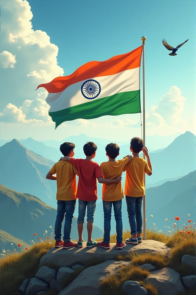Four boys wearing a Indian t shirt their name are Manish , Suraj , Deepak and Ravi holding indian flang on his hand , they are standing on mountain hill where Indian het flying on the sky removing Indian flag colour on the sky
