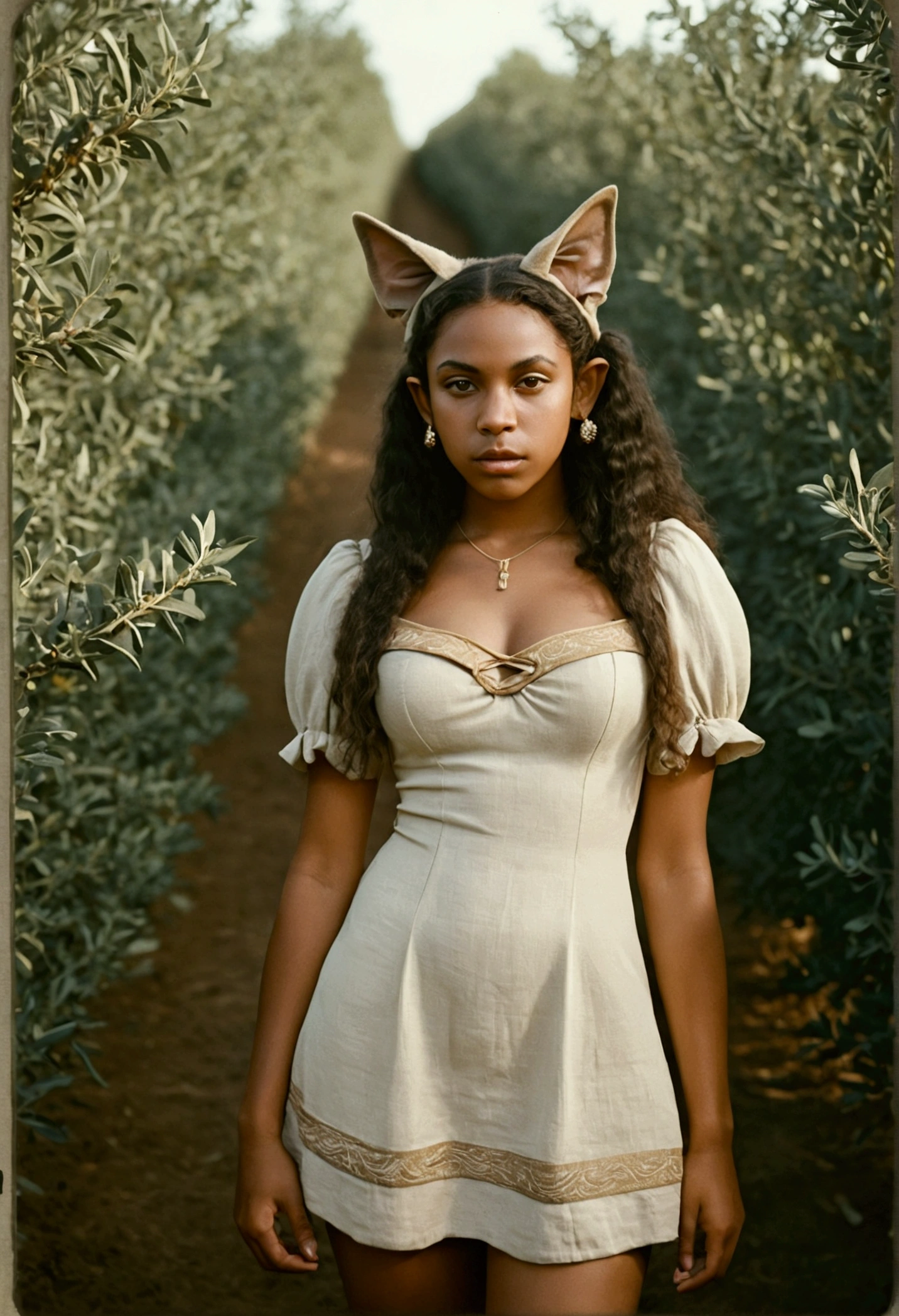 analog film photo, photo of a young elf girl, elf, elf ears, long pointy ears, long dark curly hair, brown complexion, full hourglass figure, voluptuous, plump round buttocks, wearing a linen mini-dress, posing in an olive grove, resembles Doja Cat, RAW Photograph, dslr, soft lighting, high quality, film grain, Fujifilm XT3, detailed skin with visible pores, insane details, masterpiece, 8k, 35mm photograph, dslr, kodachrome, faded film, desaturated, grainy, vintage, Lomography, stained, highly detailed, found footage, close-up shot, elven ears