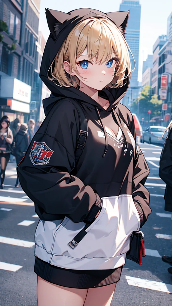 masterpiece,Noise Reduction,perfect anatomy,high resolution, ultra-detailed, ultra-detailed face,game cg,dutch angle ,beautiful detailed eyes,visualart,five fingers, perfect hands, perfect lighting, sparkling pupils,1girl,black hoodie, Animal hoodies,Put on a hoodie,cat ear,short hair,blonde hair,blue eyes,mouth mask,cleavage,